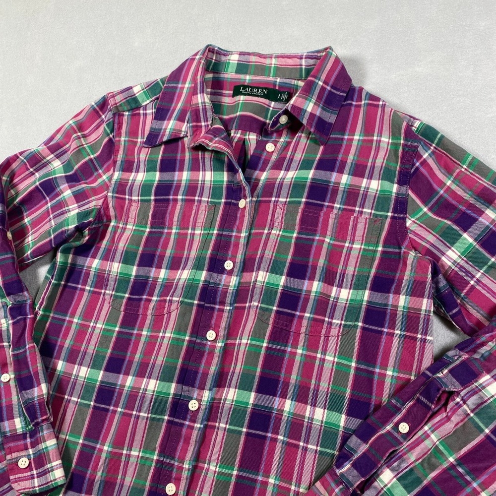 LAUREN Ralph Lauren Plaid Button Up Shirt Roll Tab Sleeve Pink Purple Green S